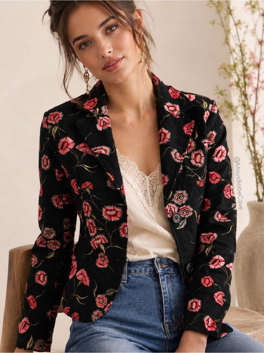Paparazzi by BIZ NWT Rose Embroidered Black Cotton Twill Blazer Statement Jacket